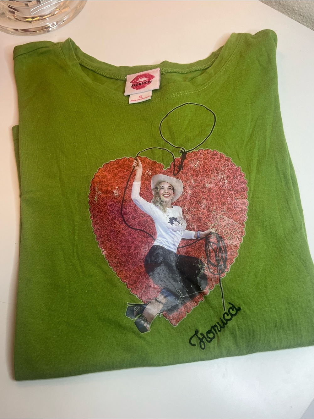 Fiorucci Green Cowgirl Graphic Tee Heart Embroidered Lasso "Fiorucci" Rare